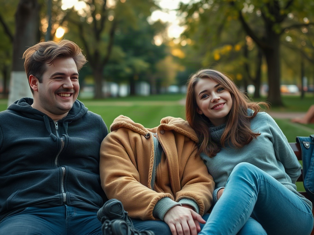На скамейке сидят трое молодых людей, один без головы, улыбаются на фоне парка в теплый день.